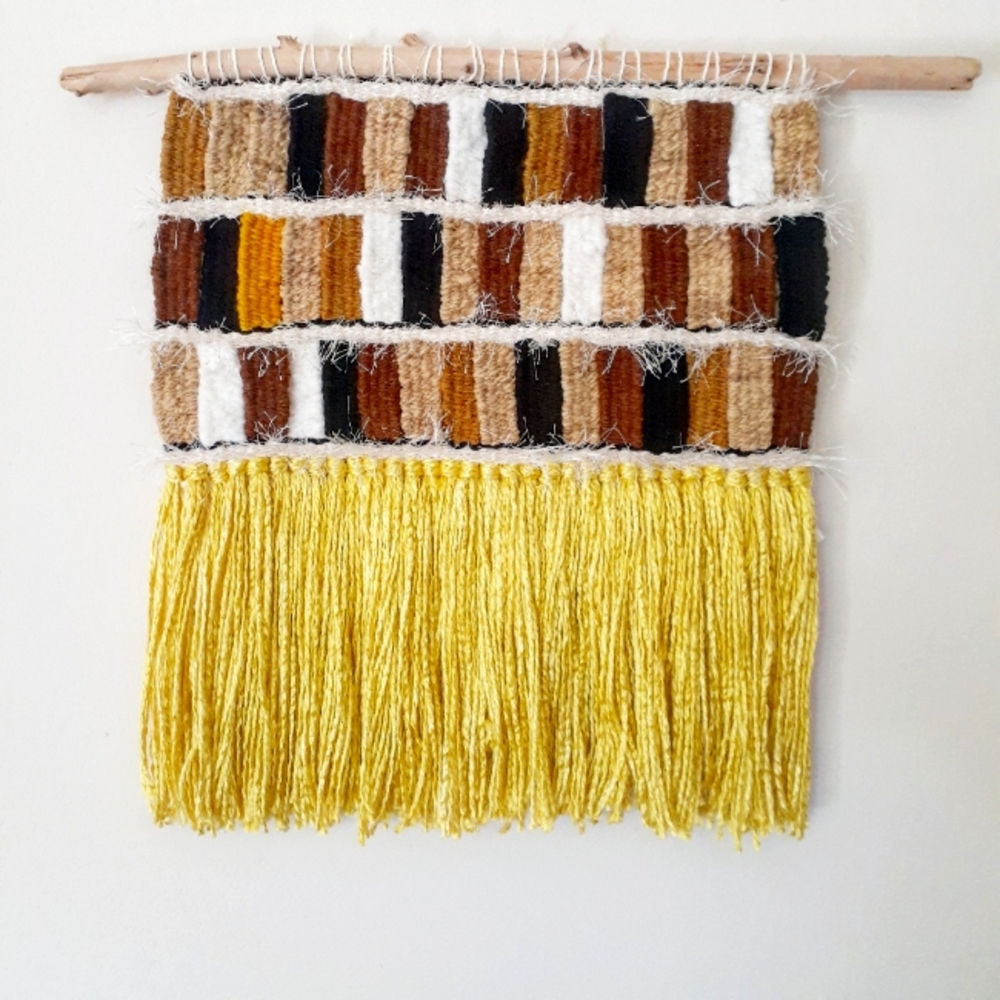 Woven tapestry wall hanging - home decor neutral and yellow